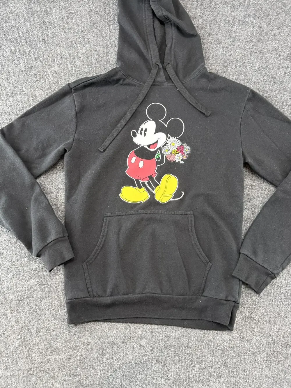 Disney Hoodie Juniors Small Black Mickey Mouse Floral Graphic Pullover Fleece